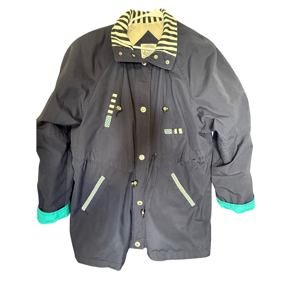 Current Seen Vintage Navy Blue Teal Striped Collar Windbreaker Jacket Womens L